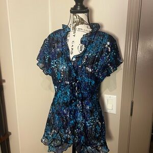 Ricki's Blue & Navy Floral Sheer Ruffle tie-up Blouse